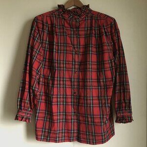 Vintage Plaid Shoulder Pad Cotton Mockneck Button Down Blouse